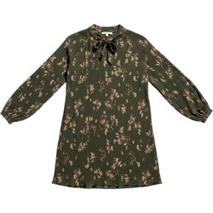 Doe and Rae Olive Green Floral Pleated Tie Neck Mini Dress Small Long Sleeve